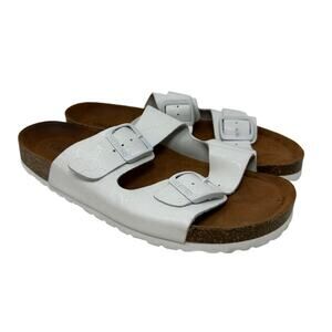 Valentino Footbed Sandals Mens Size 9 White Leather Double Strap Buckle Embossed